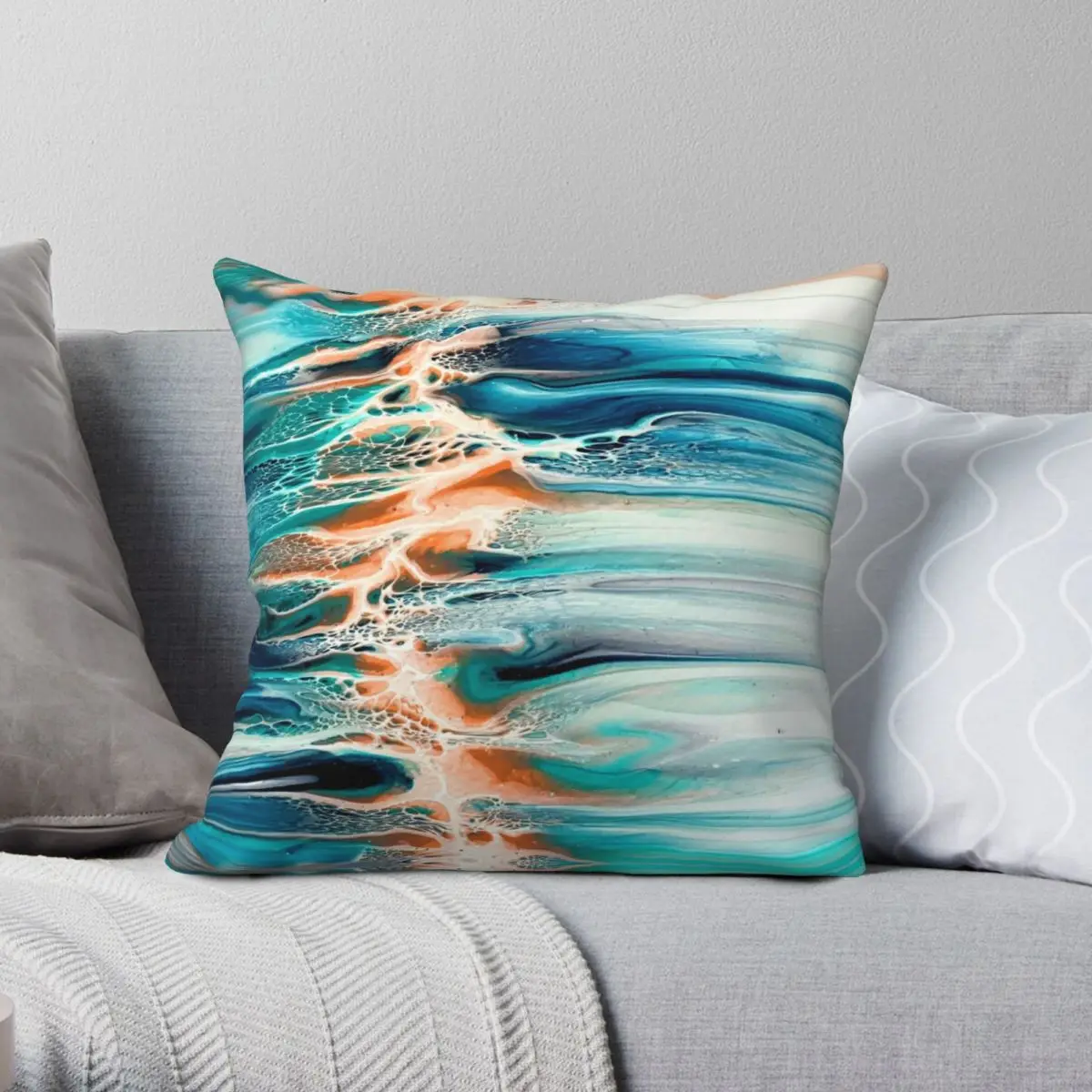 Coral Blue Teal And Grey Ocean Abstract Fluid Pillowcase Polyester Linen Velvet Zip Decor Throw Pillow Case Car Cushion Cover 18