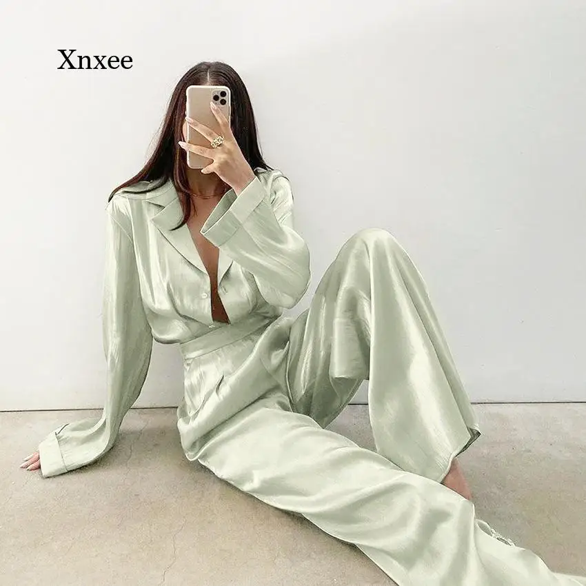 

Women Loose Long Sleeve Shirts Trousers Satin Set Fashion Two Piece Elegant Casual Commuting Pants Pajamas Suit Outfits Clothing