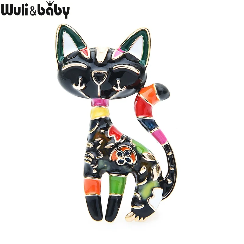 

Wuli&baby Flower Enamel Cat Brooches Women 2-color Designer Style Cat Animal Office Casual Brooch Pins Gifts