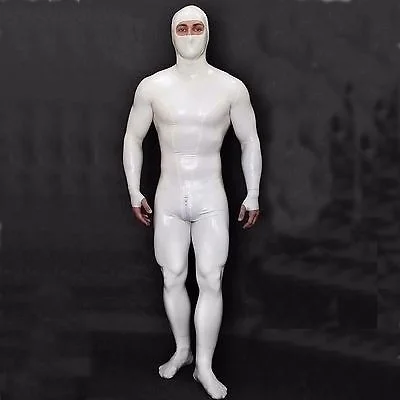 

Latex Suit Rubber Fashion Man White Full-body Catsuit With Hood Size XXS~XXL