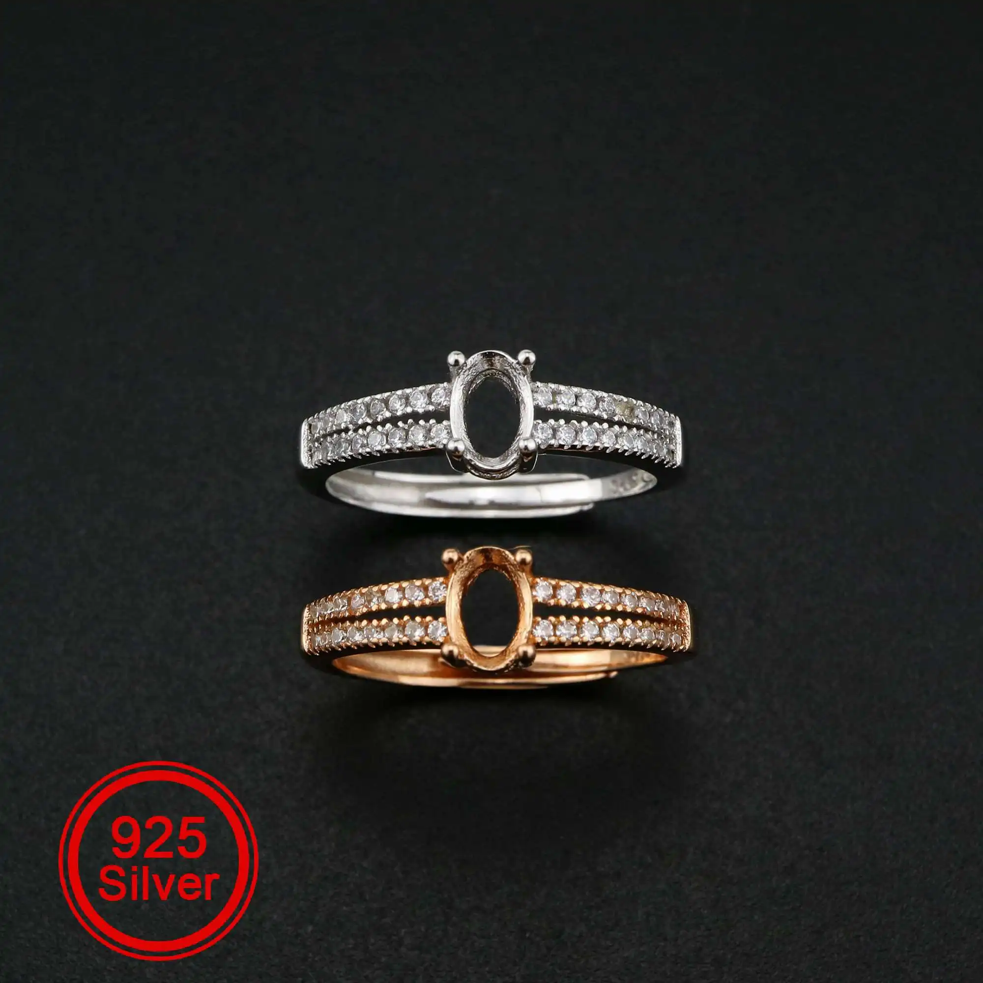 1Pcs 4x6MM Oval Prong Ring Settings Adjustable Pave Shank Rose Gold Plated Solid 925 Sterling Silver Bezel Tray 1224056