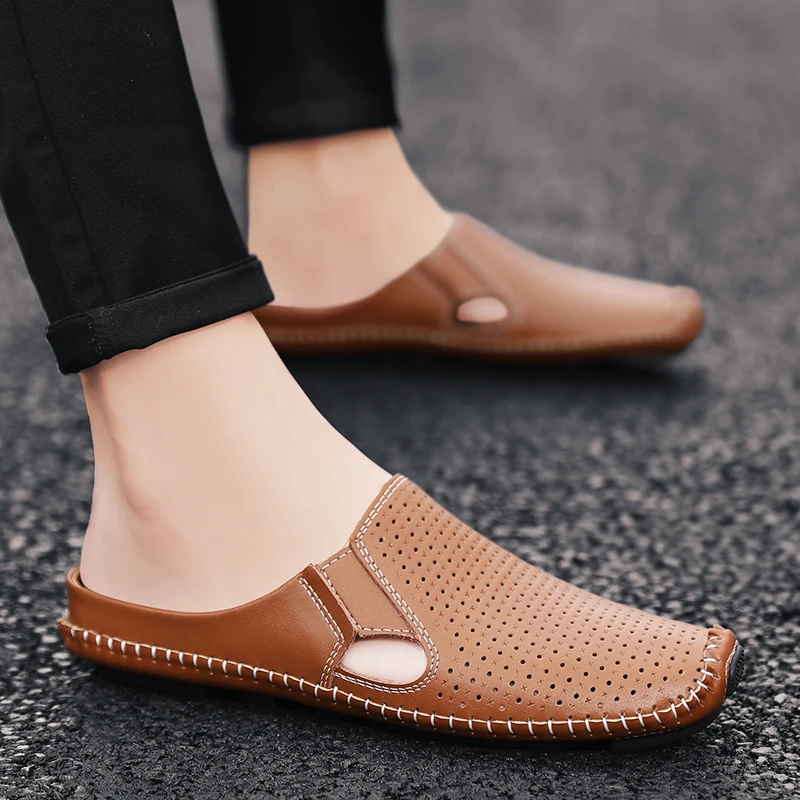 Men Summer Fashion Cow Split Casual Mules Male Breathable Half Loafer Slippers Mocassins Comfy Soft Flat Slip-on Leather Sandals