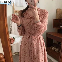 Pink Cute Dresses Women Long Sleeve Spring Fall Korean Japanese Style Design Belt Bow Tie Button Shirt Dress Vintage Girl