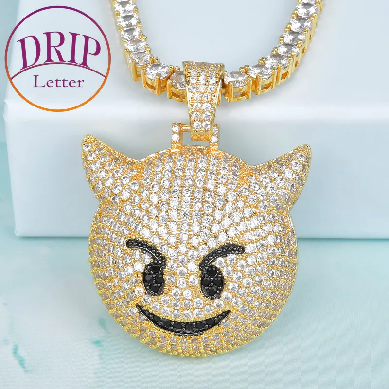 Demon Necklace & Pendant 4mm Tennis Chain Gold Color Bling Zircon Fashion Hip Hop Rock Evil Expression Street Jewelry