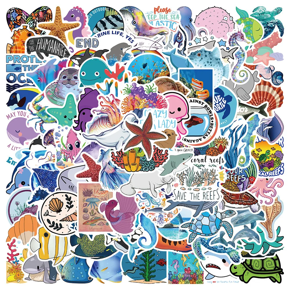 10/50/100PCS Sea Fishes Animal Stickers Ocean World Plants Coral Jellyfish Cute Cartoon Waterproof Sticker Scrapbook Decals