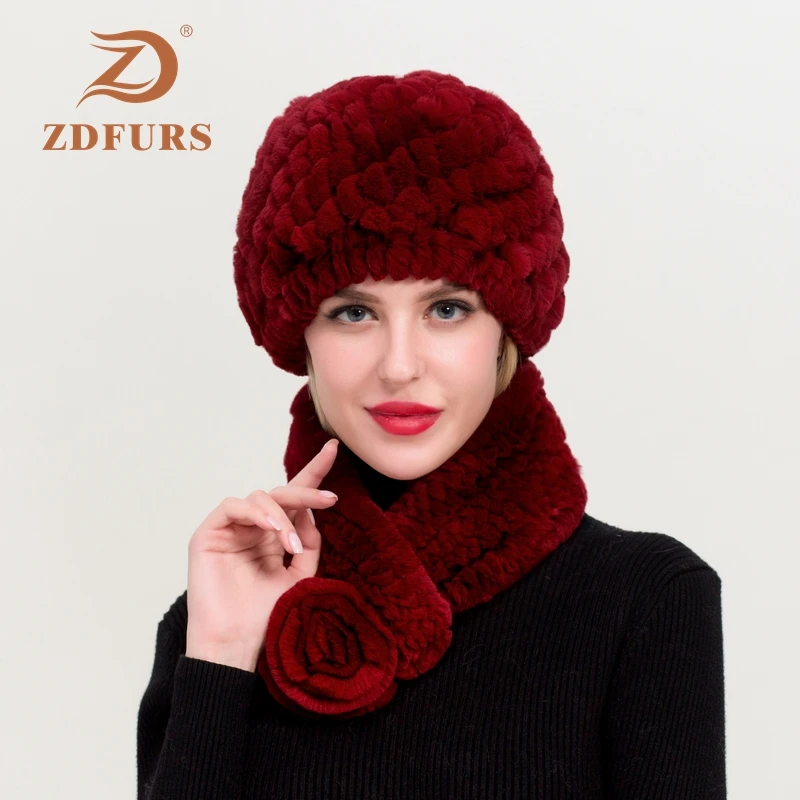 ZDFURS * Mùa Đông Nữ Thật Rex Thỏ Mũ Lông Thú Khăn 2 Bộ ĐAN Handmade Chính Hãng Lông Thỏ Mũ Lưỡi Trai Thương Hiệu thời Trang Xinh Xắn Khăn