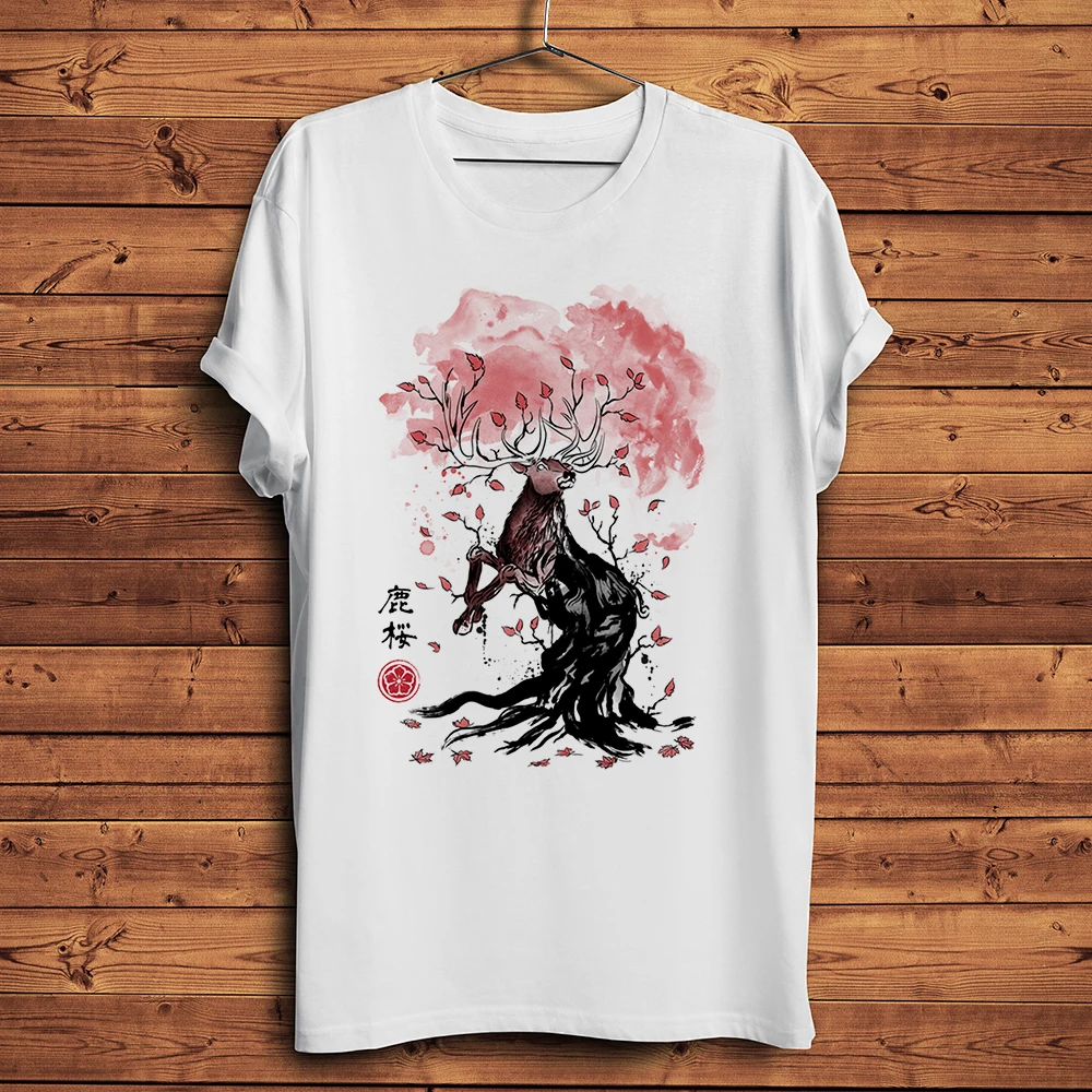 watercolor Sakura Deer tree funny t shirt Men White Short Sleeve Casual Tshirt Unisex Streetwear breathable Tee