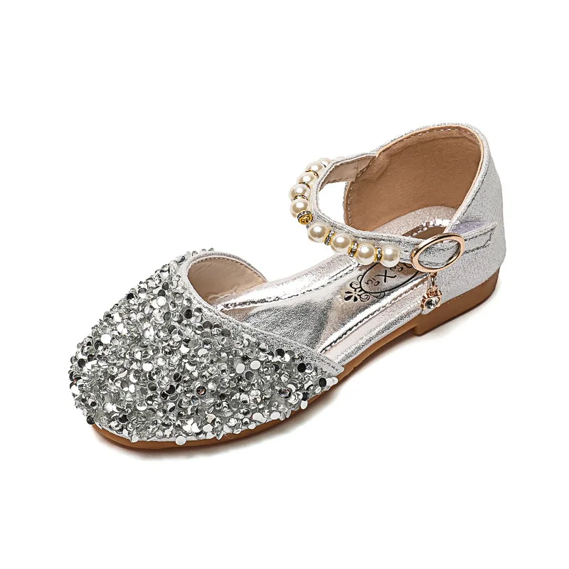 

Girls Sandals Dance Shoes Princess Pearl Cute Sweet Kids Casual Flats Hot All-match 21-36 Lady Shoes Chic for Wedding Sequined