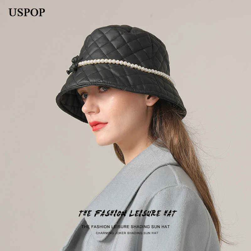 

USPOP Brand Designer Black Plaid PU Bucket Hats Casual Women Winter Pearl Warm Hats