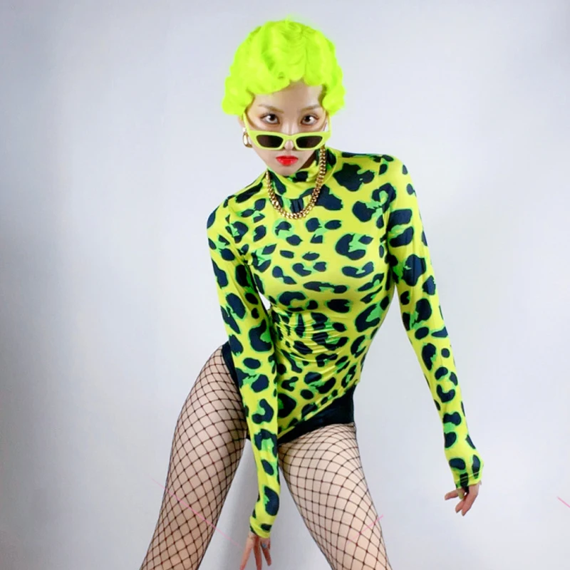 New Neon Green Leropard Bodysuit Long Sleeves Women Singer Stage Costume Jazz Gogo Dancer Pole Dance Clothing Rave Wear DNV15196