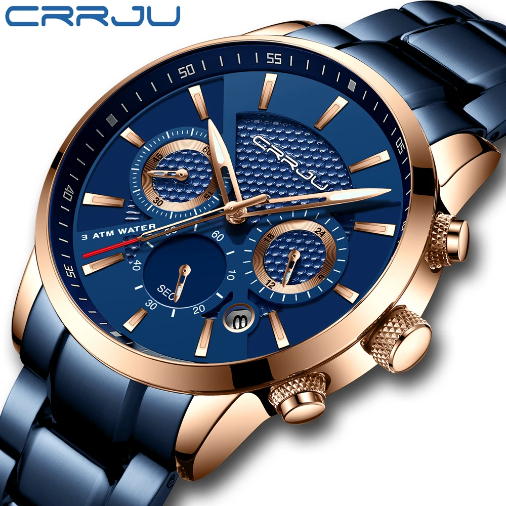 CRRJU Business Men Watch Fashion Blue Date Chronograph Stianless Steel Wristwatch Mens Casual Waterproof Clock relogio masculino