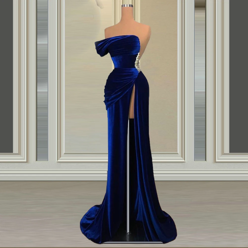 Robe de soirée en velours sans bretelles, Sexy, style sirène, élégante, asymétrique, épaule dénudée, fendue sur le côté, robes d'occasion, 2021