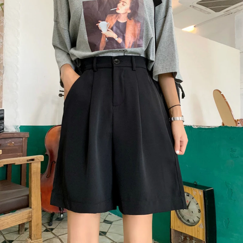 Quần Short Nữ Mùa Hè Nút Tới Đầu Gối Đen Ống Rộng Rời Drap Bọc Hàn Quốc-Phong Cách Casual Nữ Văn Phòng BF đầm Dạo Phố Thời Trang Đơn Giản