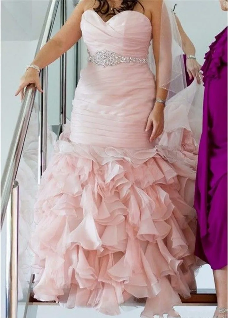 Mais tamanho blush rosa vestidos de casamento frisado chique longo sereia mais nupcial vestidos formais de casamento vestidos de noite longo