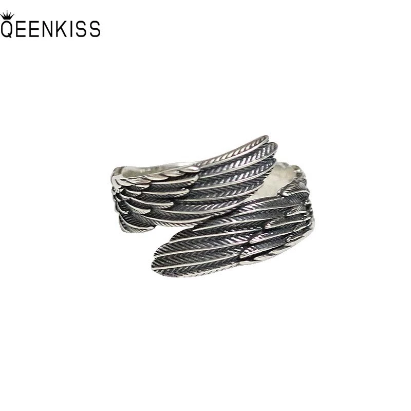 

QEENKISS RG6664 Jewelry Wholesale Fashion Woman Man Birthday Wedding Gift Retro Guardian Wings 925 Sterling Silver Open Ring