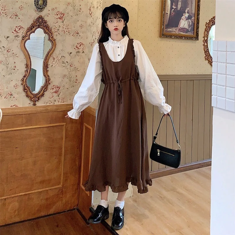 Sleeveless Dress Women French Style Edible Tree Fungus Suspenders Midi Dresses Girls Kawaii Fashion Belt Defined Waist Vestidos