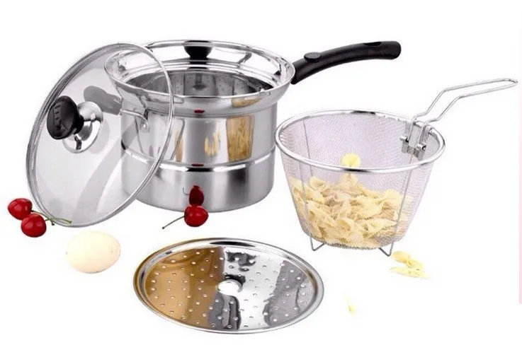 

Fryer Pan with steamer, Flat Bottom Pot, Mini Frying wok, Fire Gas electric Cooker, Stainless steel, Glass cover