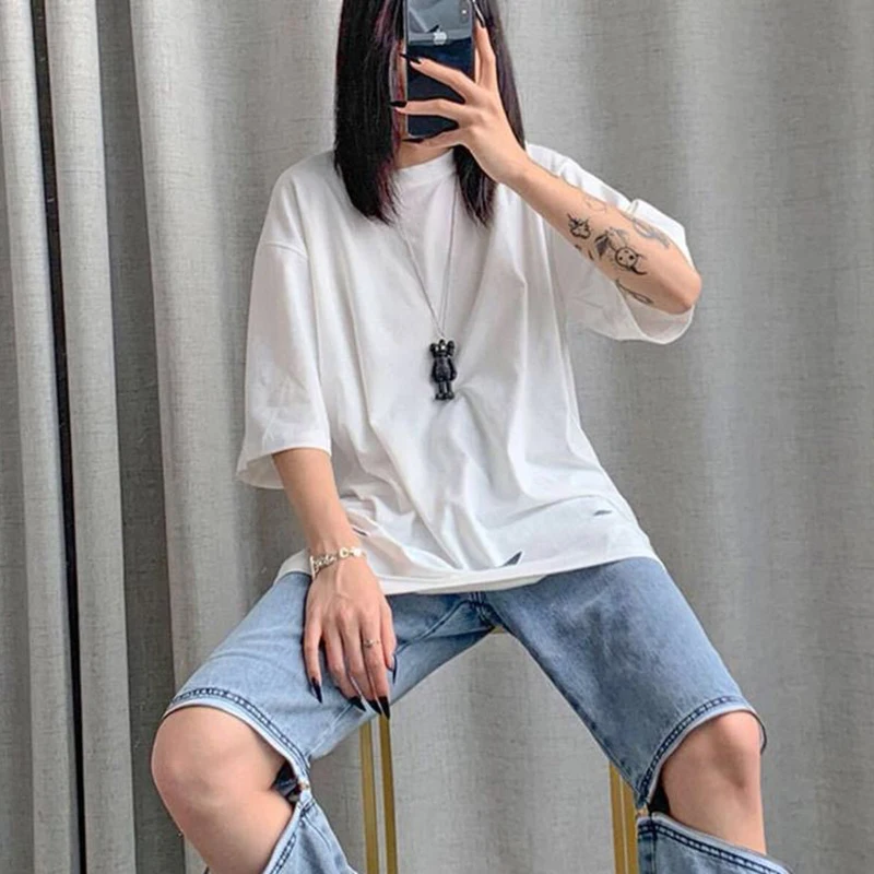 Cotton Hem Ripped Hole Short Sleeve Women T Shirt Cool Stuff Summer Hip Hop Oversized Punk Harajuku Streetwear Clothes Top White