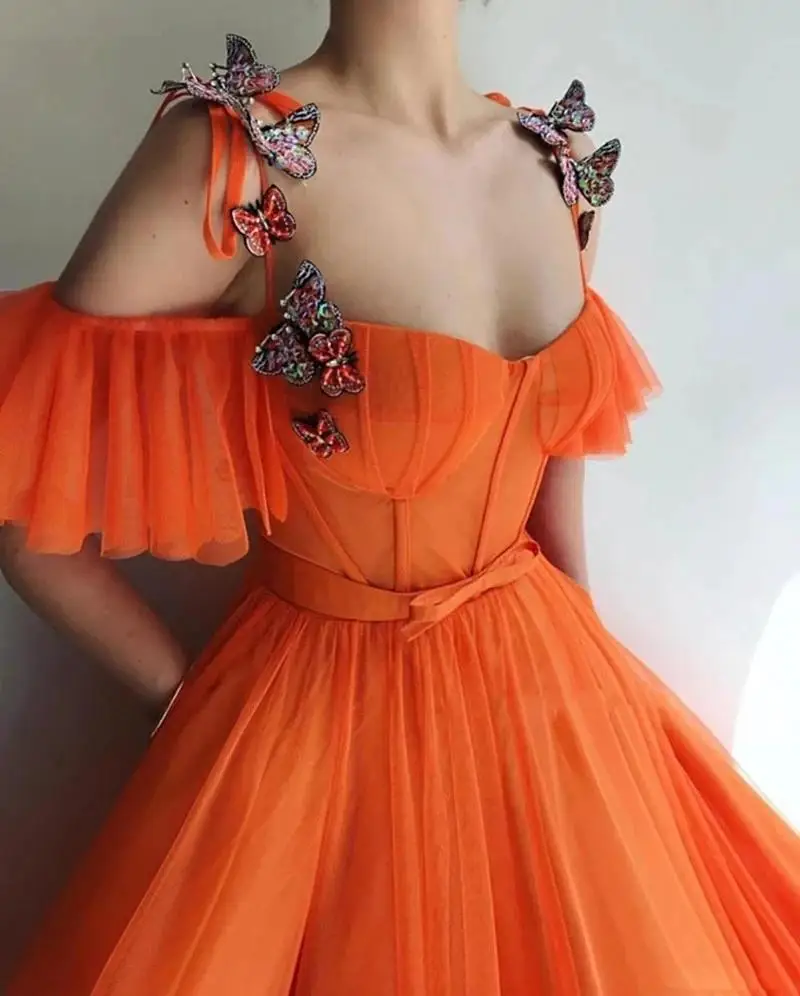 Pastrol Orange Evening Dress Sweetheart Collar  Ankle-Length A-Line Appliques Tulle Prom Party Gowns 2022 Vestidos De Noche  New