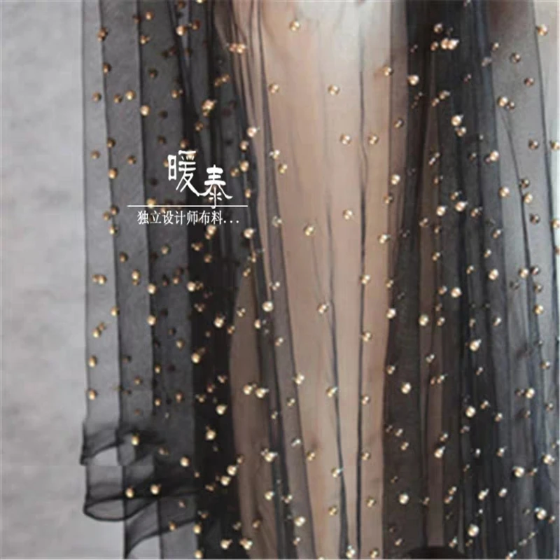 Black Beaded Lace Tulle Fabric Gold White Handwork Pearl DIY Curtain Decor Clothes Skirts Wedding Dress Designer Fabric