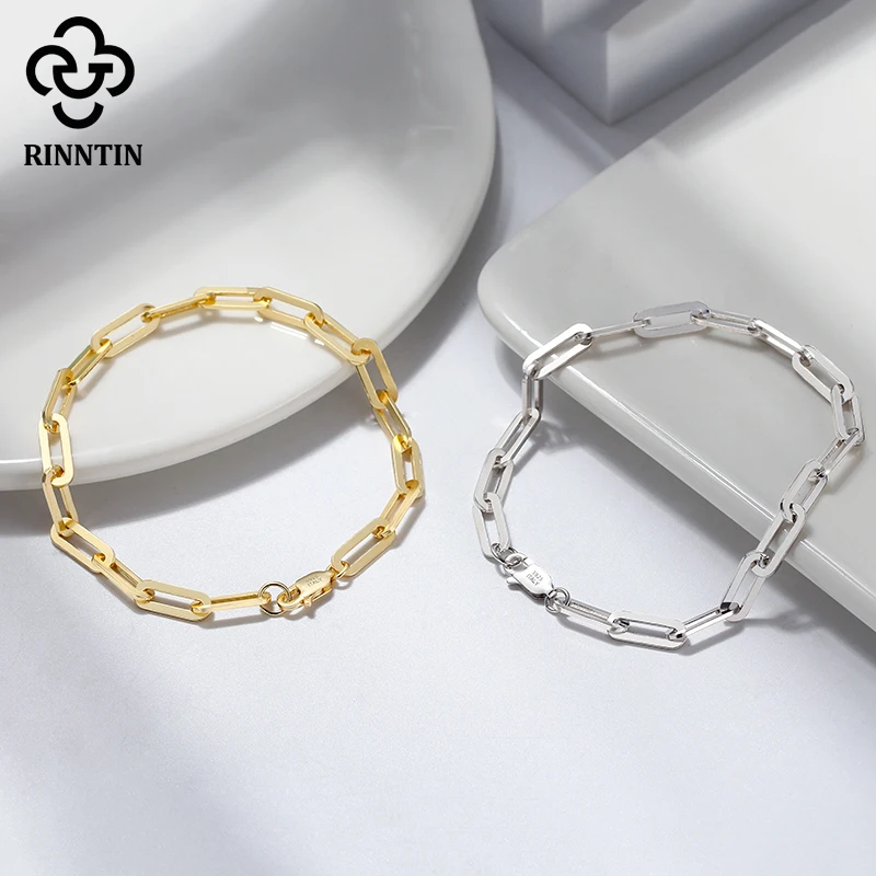 Rinntin 14K Gold Plated Genuine 925 Sterling Silver Paperclip Link Chain Bracelet for Women Men Hand Bracelet Jewelry SB109