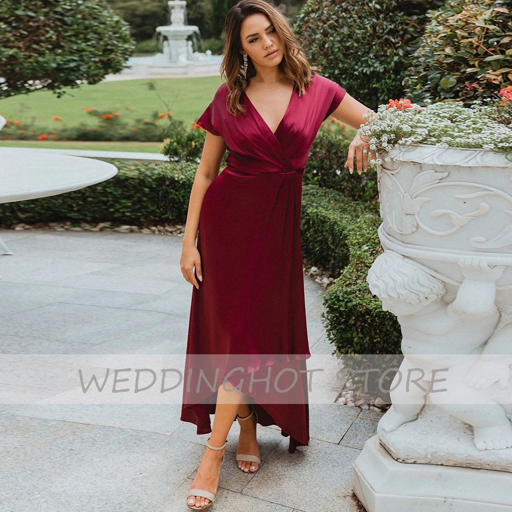 Burgundy Satin Evening Dresses 2021 Sisters Sexy V-Neck Party Dress Simple A-Line Custom Plus Size Prom Gowns vestidos de fiesta