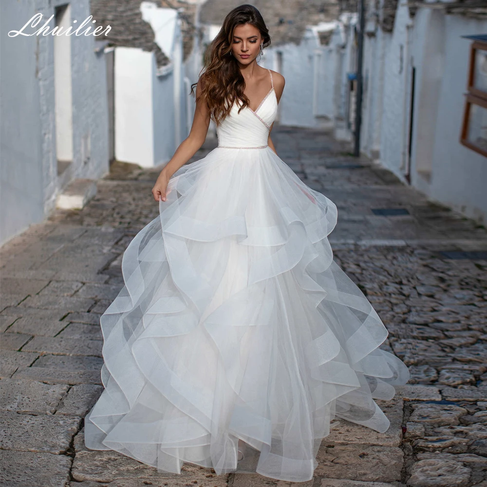 Lhuilier Elegante A-lijn V-hals Kralen Trouwjurken Floor Lengte Hoge Taille Sweep Trein Backless Tulle Bridal Jurk