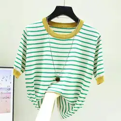 Suéter feminino listrado com gola em O, pulôver de manga curta, suéteres de malha, blusa com tudo combina, casual, moda verão