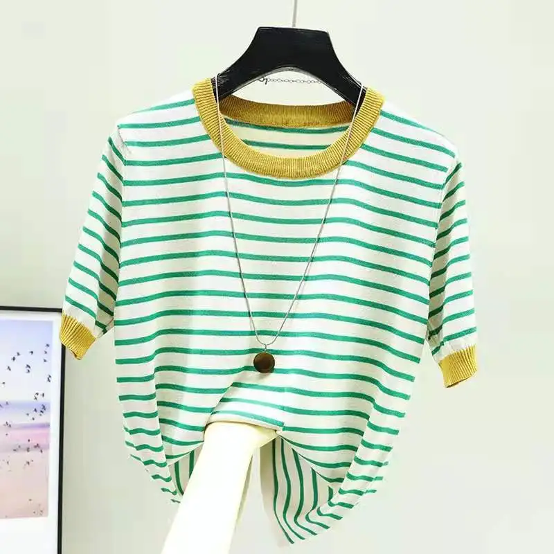 Summer Striped O-Neck Sweater Women's Short Sleeve Pullover Knitted Sweaters Fashion All-match Top Femme Casual Loose Pull Femme