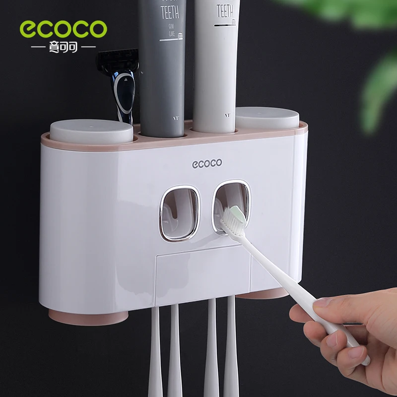 ECOCO Automatic Toothpaste Extrusion Bathroom Accessories Receptacle With 4 Cups Dustproof Toothbrush Holder Wall-Mounted