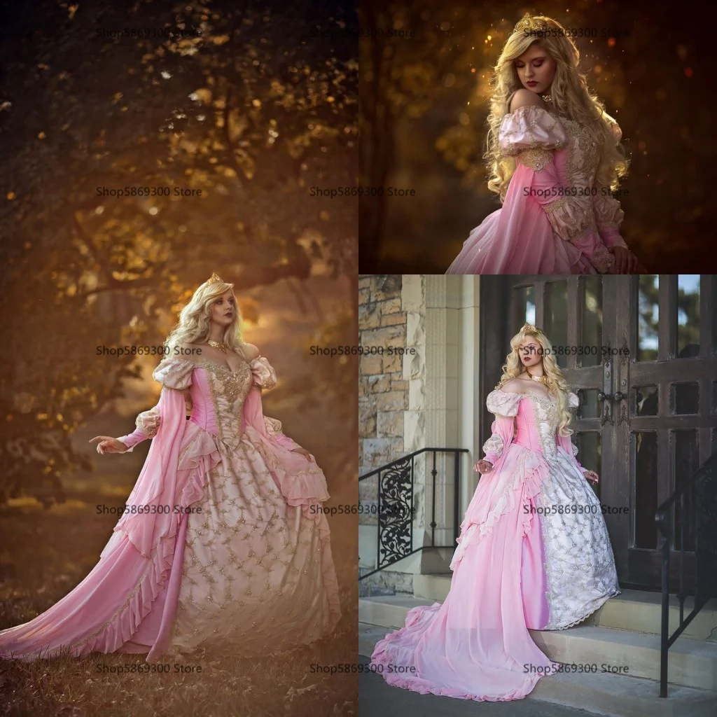 Gothic Sleeping Beauty Princess Medieval pink and gold Wedding Dress Long Sleeve Lace Appliques Victorian masquerade Bridal gown