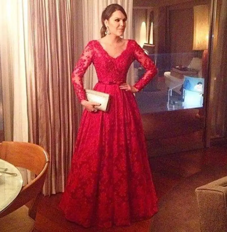 

Красные кружевные платья для матери невесты с V-образным вырезом и длинными рукавами, трапециевидные вечерние платья в пол, модель 2020 приблизительно