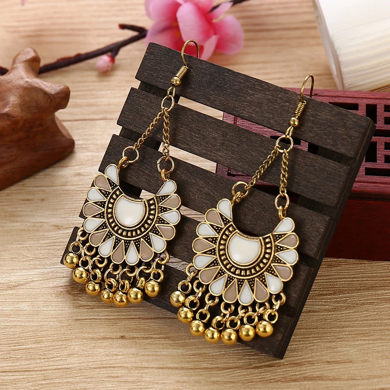 Retro Beads Tassel Fan-shaped Colorful Dangle Earrings For Women Ethnic Turkish Drip Oil Bohemian Earrings Boho Thailand Jewelry