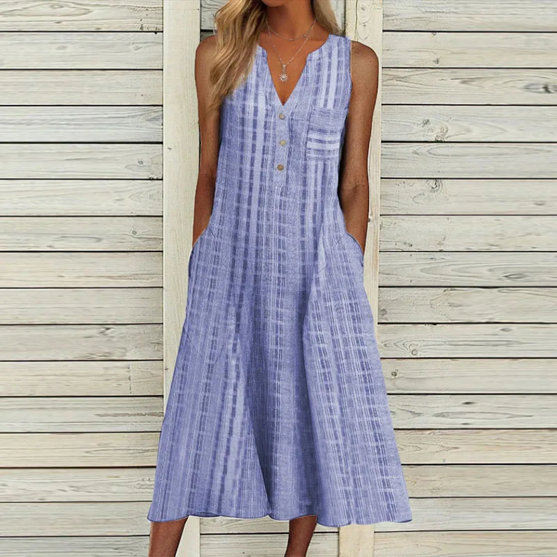 Summer Dress Women V Neck Sleeveless Pocket Button Loose Maxi Dresses Vintage Print Party Dress 2022 A-Line Beach Dress