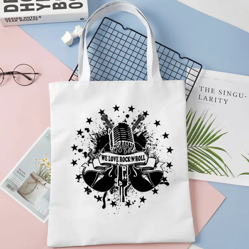 Rock N Roll Graphic Print Shopping Bag Tote Bags Shoulder Bag Canvas Bags Large Capacity College Handbag,Drop Shipping