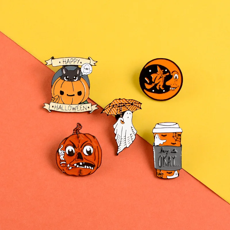 Happy Halloween Enamel Pin Trick or Treat Ghost Pumpkin Brooch Denim Jeans bags Punk Jewelry Gift for Friends Men Women kids