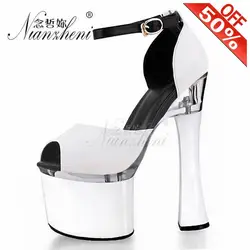 Sexy Fetish Spool heels Shallow Peep toe Buckle strap Thick platform Women's sandals 18cm High heeled shoes 7 inches Nightclub