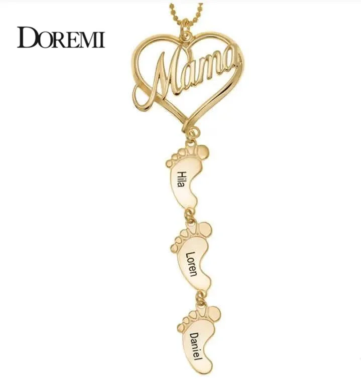 DOREMI Baby Feet Name Necklace Drop Pendant LOVE MOM Necklace Pendant Custom Birthdate Personalized Inlay CZ Heart Necklaces