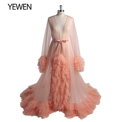 Salmon Tulle Pregnancy Gowns Dresses Long Sleeves Maternity Dress Photo Shoot Outfits Photography Props YEWEN
