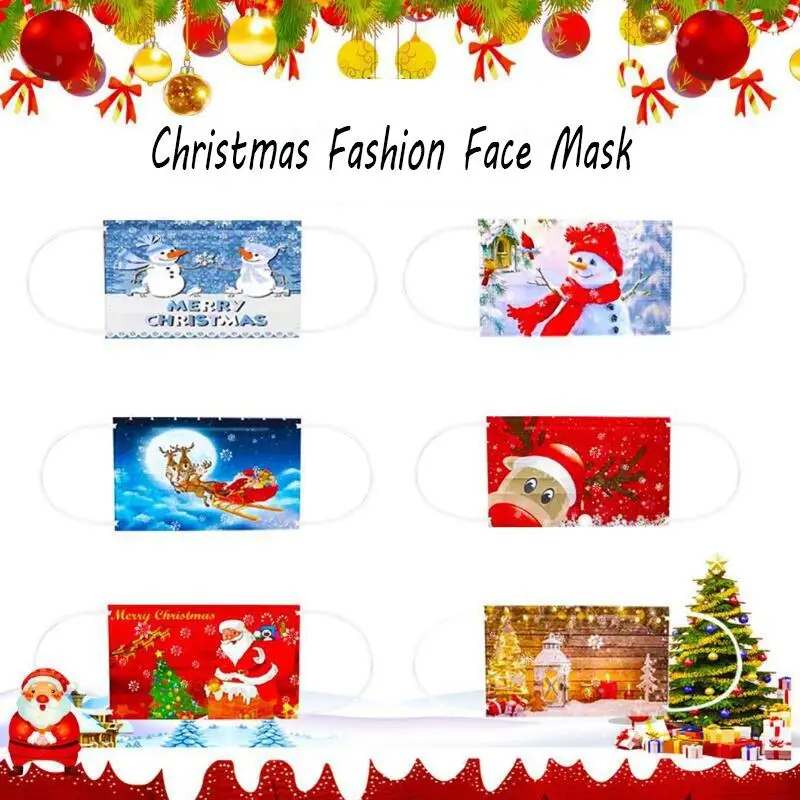 

50Pcs Christmas Masks Adult Christmas Face Masks Printed Cartoon Mouth Masks Adult Masque 3 layer Filter Fabric