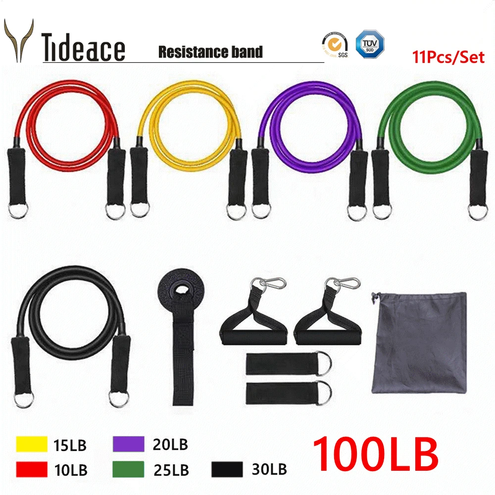 Set Yoga Exercise Pull Rope Fitness 100lbs Resistance Bands for Home Gyms Rubber Tube Bands  Workout Body Stretch Training 11pcs