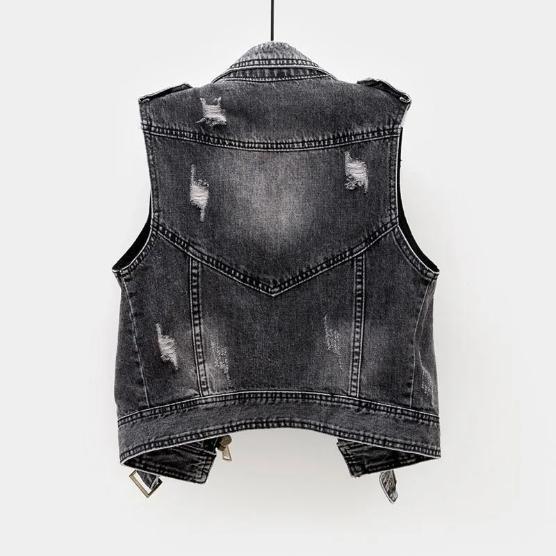 Fashion Denim Vest Female Spring Autumn Sleeveless Wild Tops Short Tank Jacket Women  5XL Smoky Gray Jean Waistcoat KW432