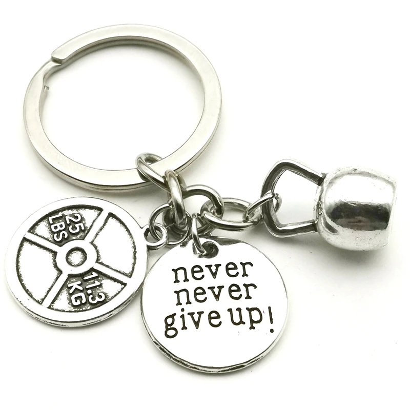 2020 Fashion Accessories 25LBS Keychain Mini Dumbbell Barbell Keychain Never Give Up Fitness Keychain Charm Gift Coach Souvenir