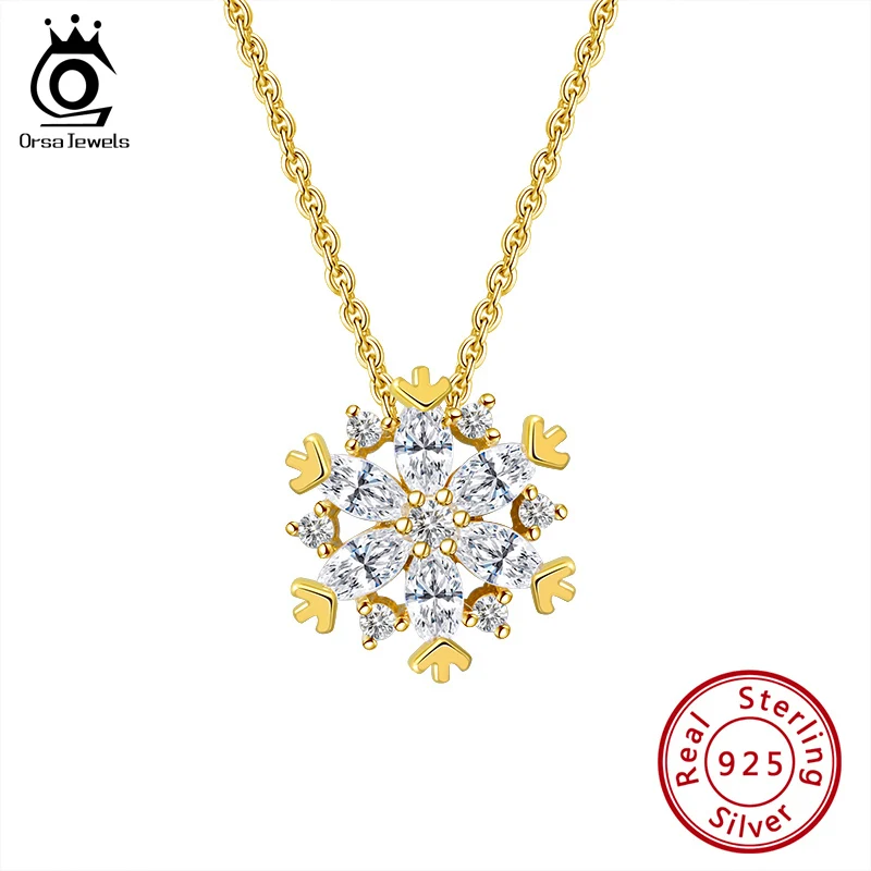 ORSA JEWELS 925 Sterling Silver Snowflake Pendant Necklaces with AAAA Zirconia Sparkling Necklace Jewelry Christmas Gifts HON04