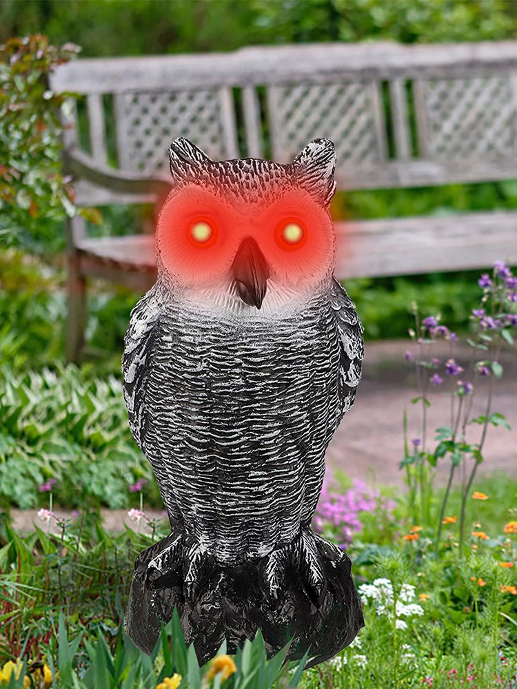 Simulation Battery Powered OWL To Scare Birds Scarecrow Fake Horned Owl Decoy Sound Control Luminous Owl Garden Decoration #WO