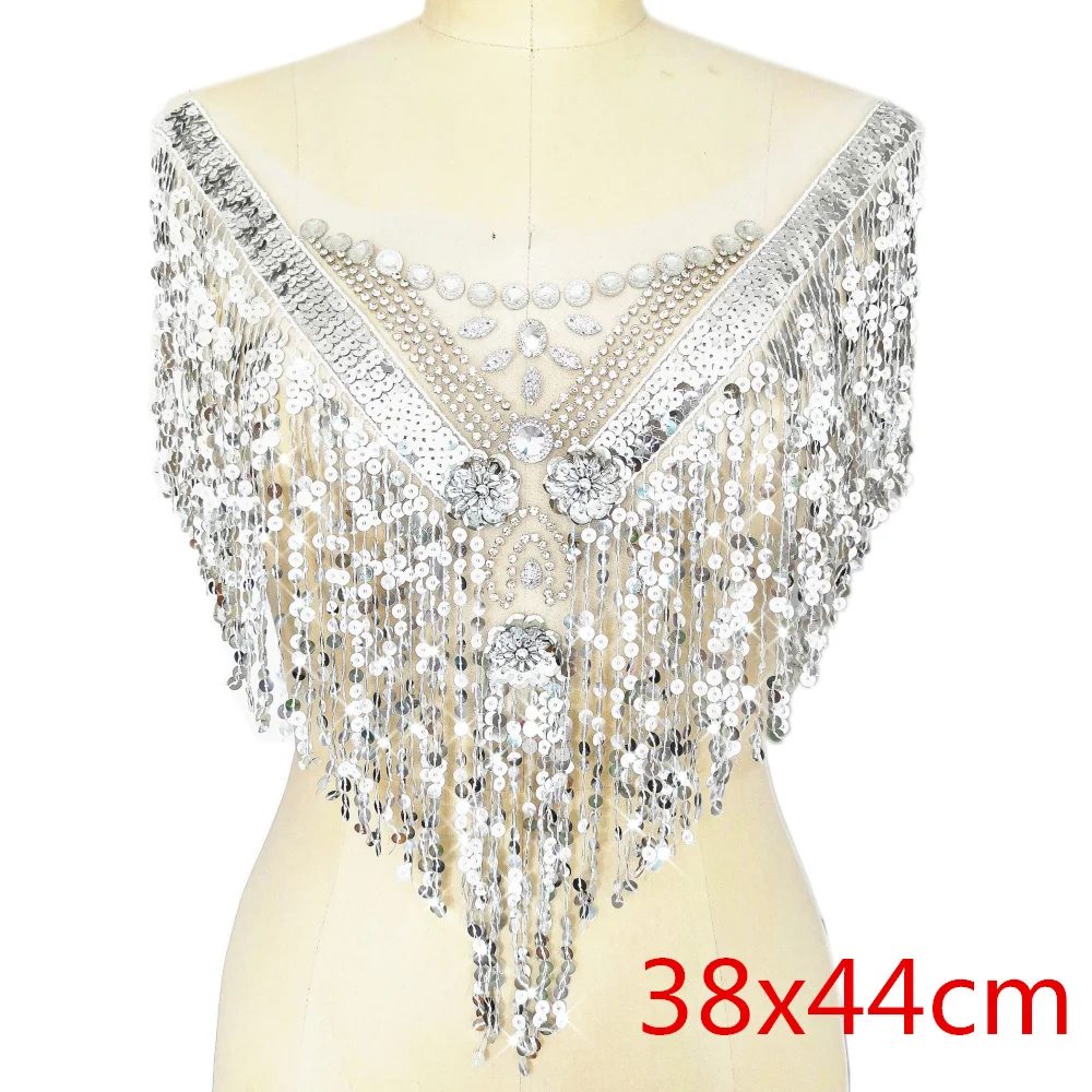 Silver Hand Made Beaded Sewing Rhinestones Strass Crystals Stones Sequins Applique Patch Diy For Sew on Women\'s Costumes Wedding