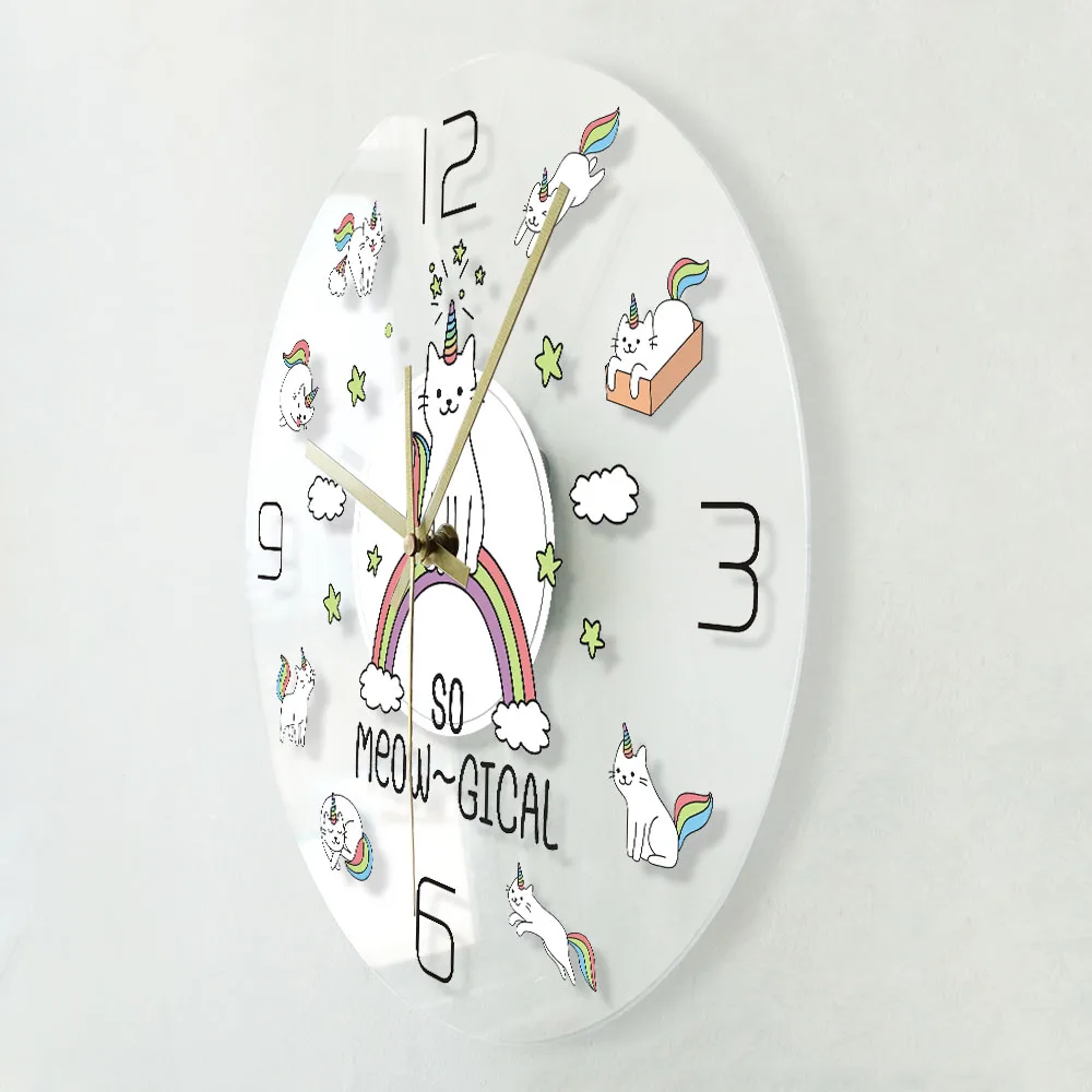 So Meow-Gical Lovely Cat Unicorn Wall Clock Cute Mystical Animal Pretty Caticorn Wall Clock Unique Rainbow Cloud Cat Wall Decor