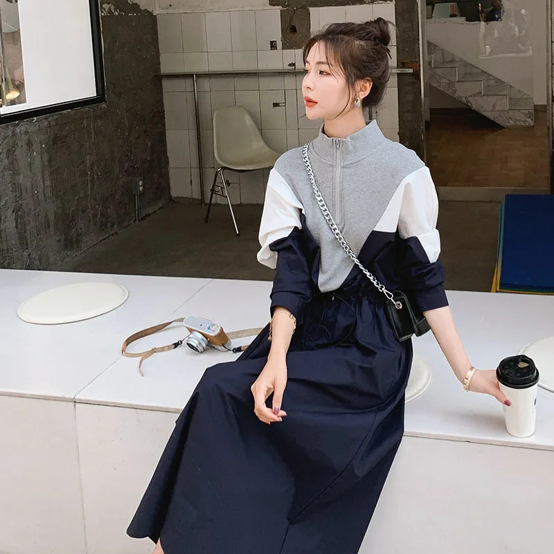 LANMREM 2024 Spring Korean Style Long-sleeved Mid-length Fashion Design Contrast Color Drawstring Stitching Dresses Female 2W144