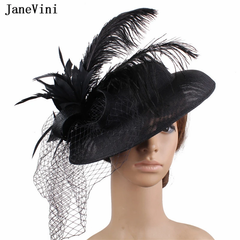 JaneVini Ivory Bridal Wedding Hats Facinators for Women Linen Mesh Headpiece Hat Feathers Fancy Veils Fashion Halloween Headwear