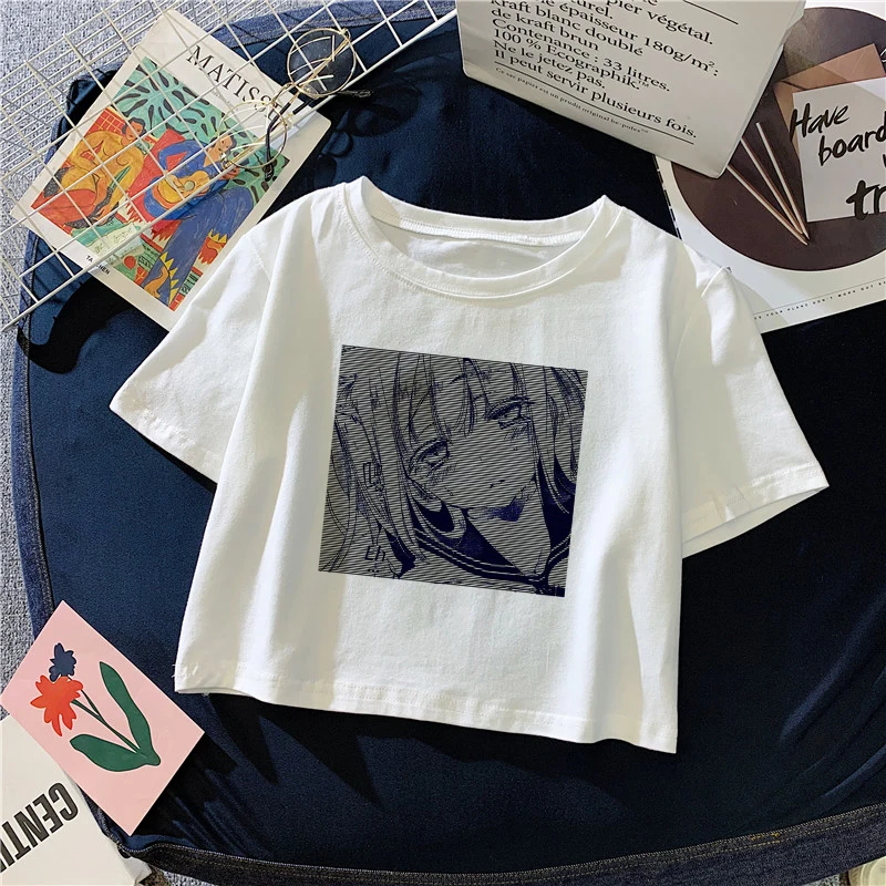 女性のための日本の半袖Tシャツ,2K,女性のクロップトップ,ゼブラ,鬼滅の刃,かわいい,アニメ,夏